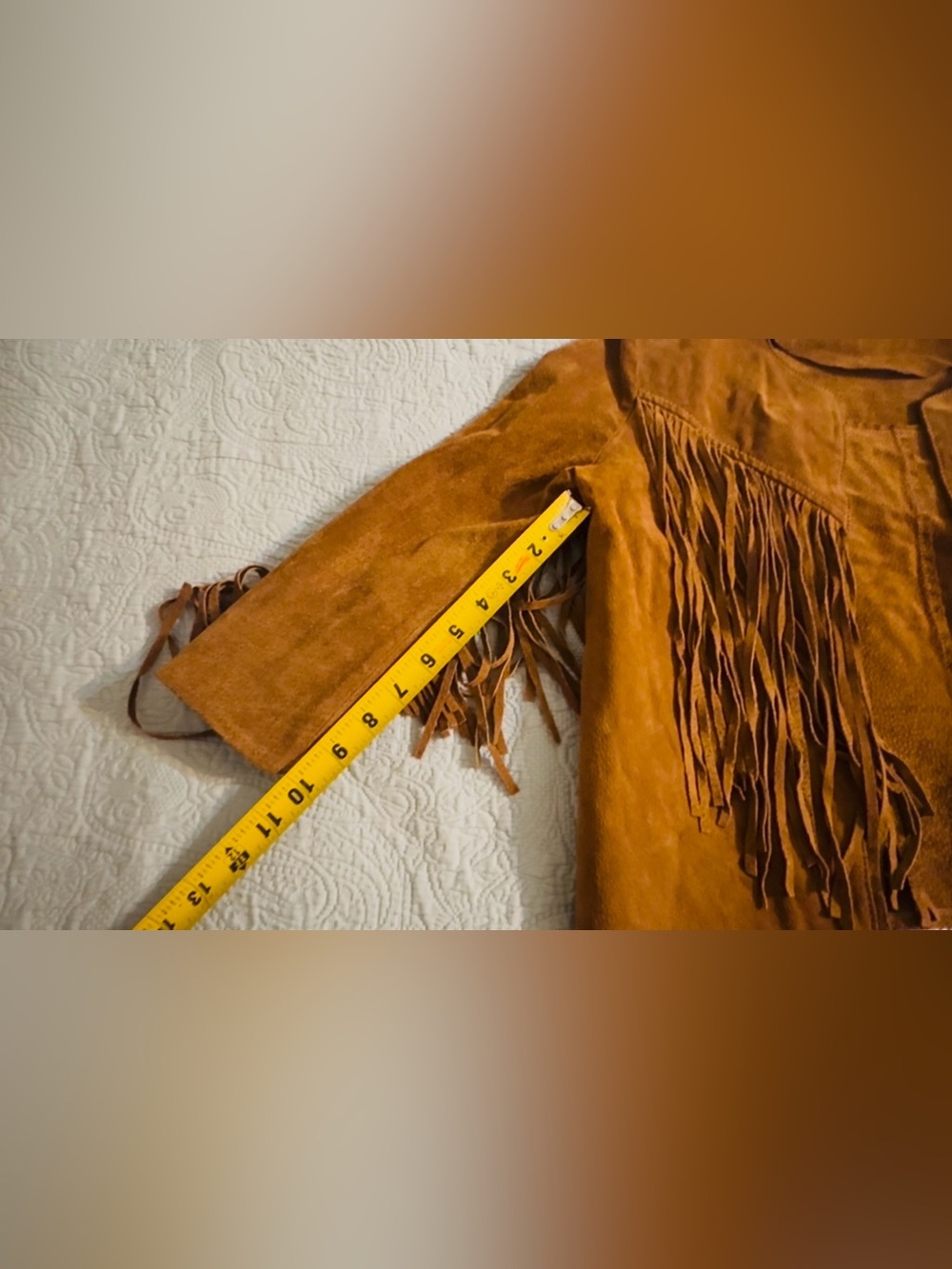 Suede tan jacket, with tassels on sleeves/back, fits sm/med, used - Picture 3 of 7